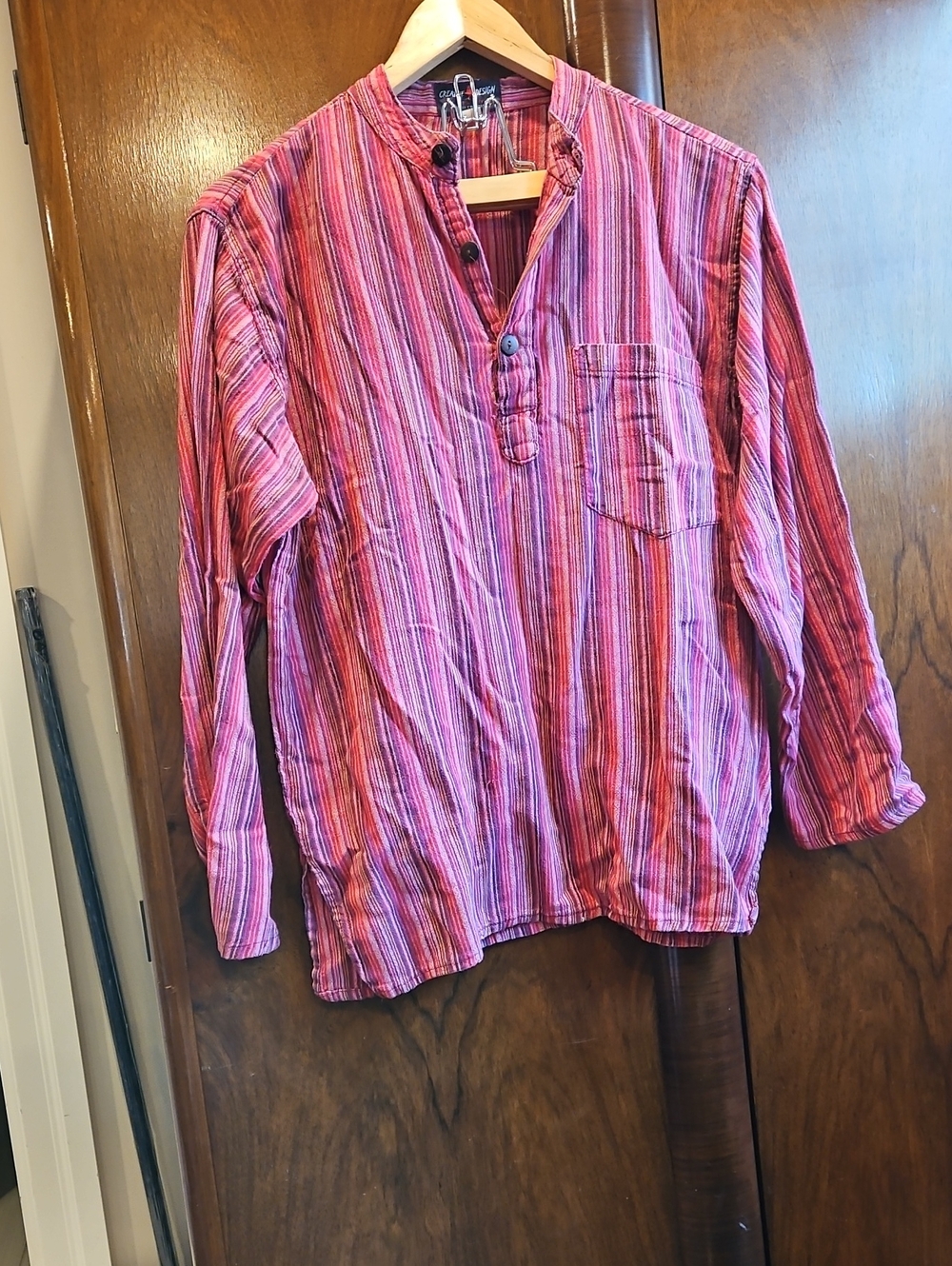 Men's Pink/Burgundy Striped Long-Sleeve Henley Shirt - Size M